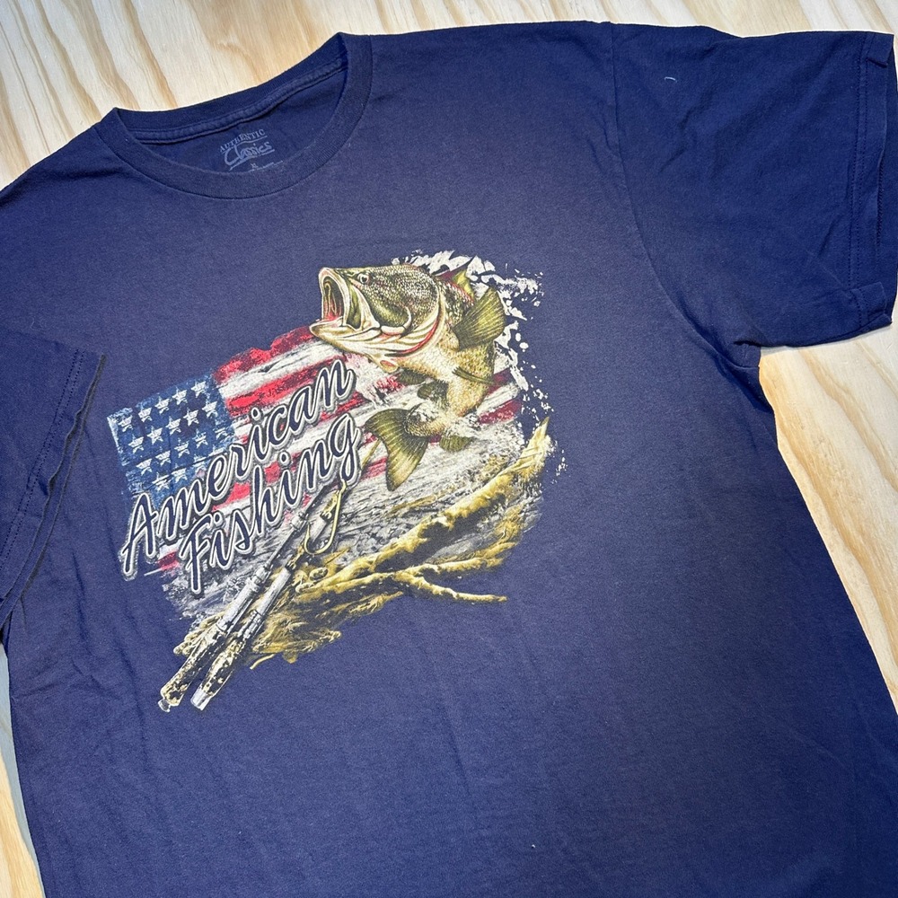 Authentic Classics Mens XL Navy Blue American Fishing Bass Graphic T-Shirt
